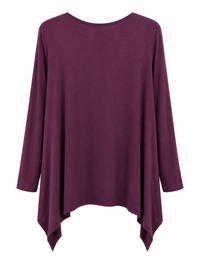 Back of Sugar Crisp SC10170 plum long-sleeve tunic with plain fabric and long draped handkerchief side hems.