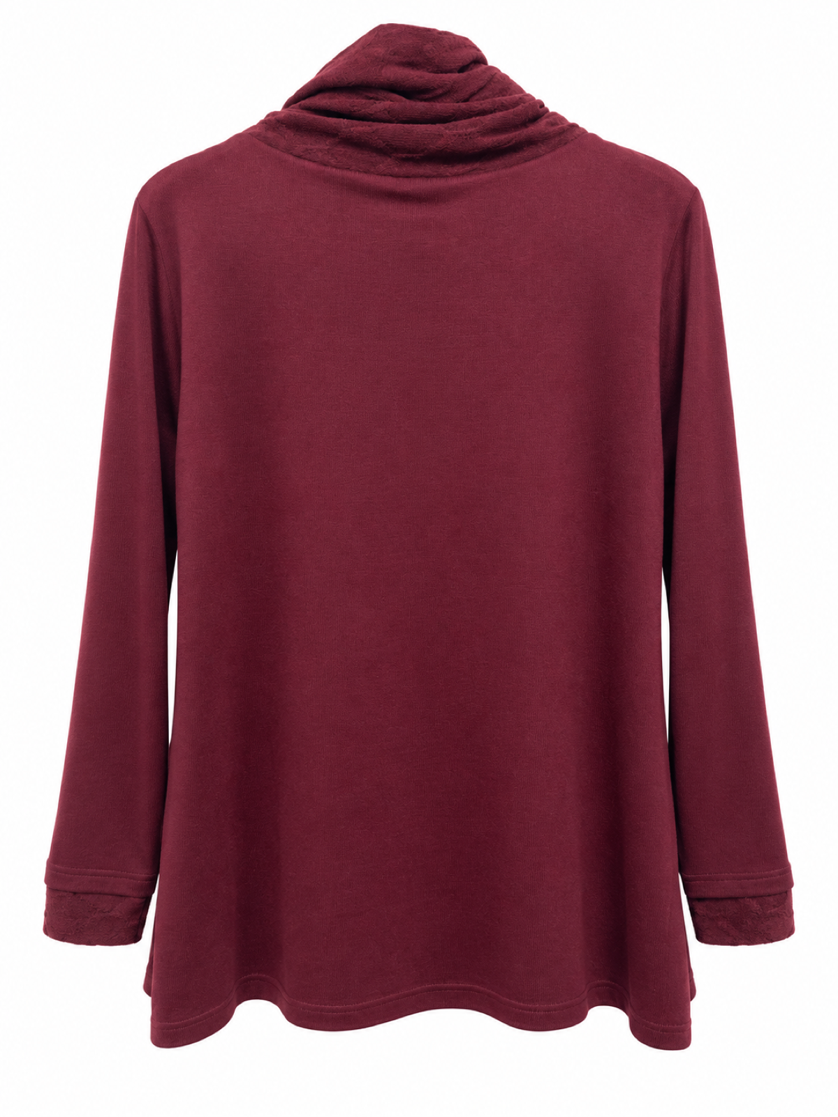 Back of Sugar Crisp SC03152 Wine long-sleeve tunic with a folded cowl collar, plain fabric and textured cuff ends.