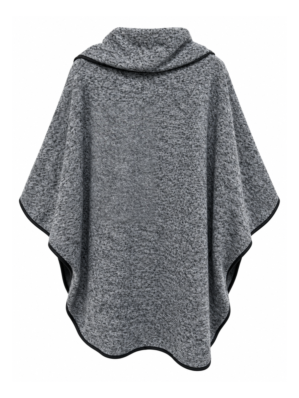 Back of Sugar Crisp SC02370 Grey marled cape with a folded shawl collar, draped sides and a black-bound curved hem.