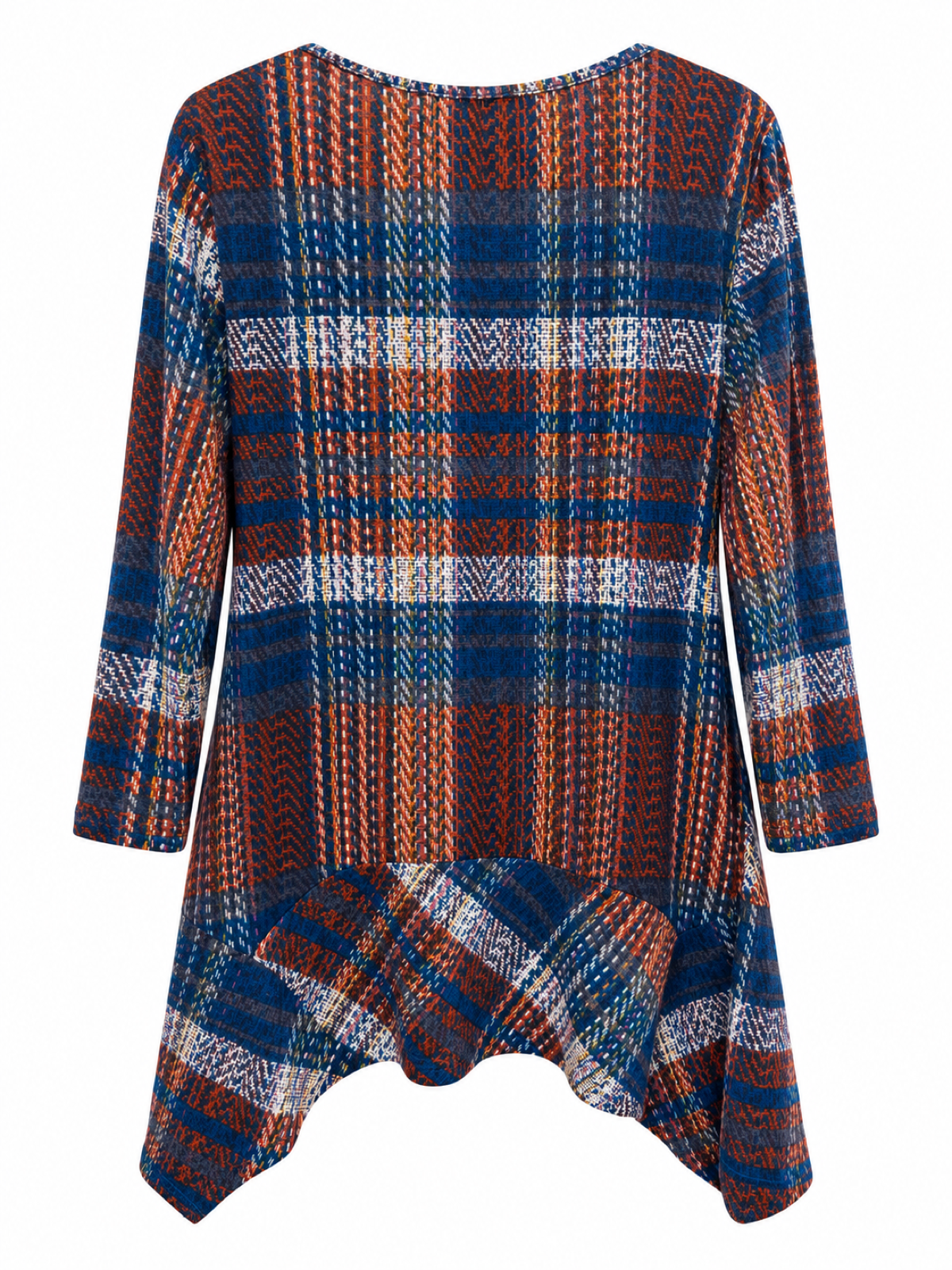 Back of Sugar Crisp Spice check print tunic in rust, navy and cream tones, with long sleeves and a draped uneven hem.