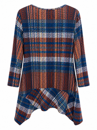 Back of Sugar Crisp Spice check print tunic in rust, navy and cream tones, with long sleeves and a draped uneven hem.