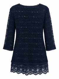 Back of Sugar Crisp navy chevron knit tunic with scattered sequins, three-quarter sleeves and scalloped floral lace hem.