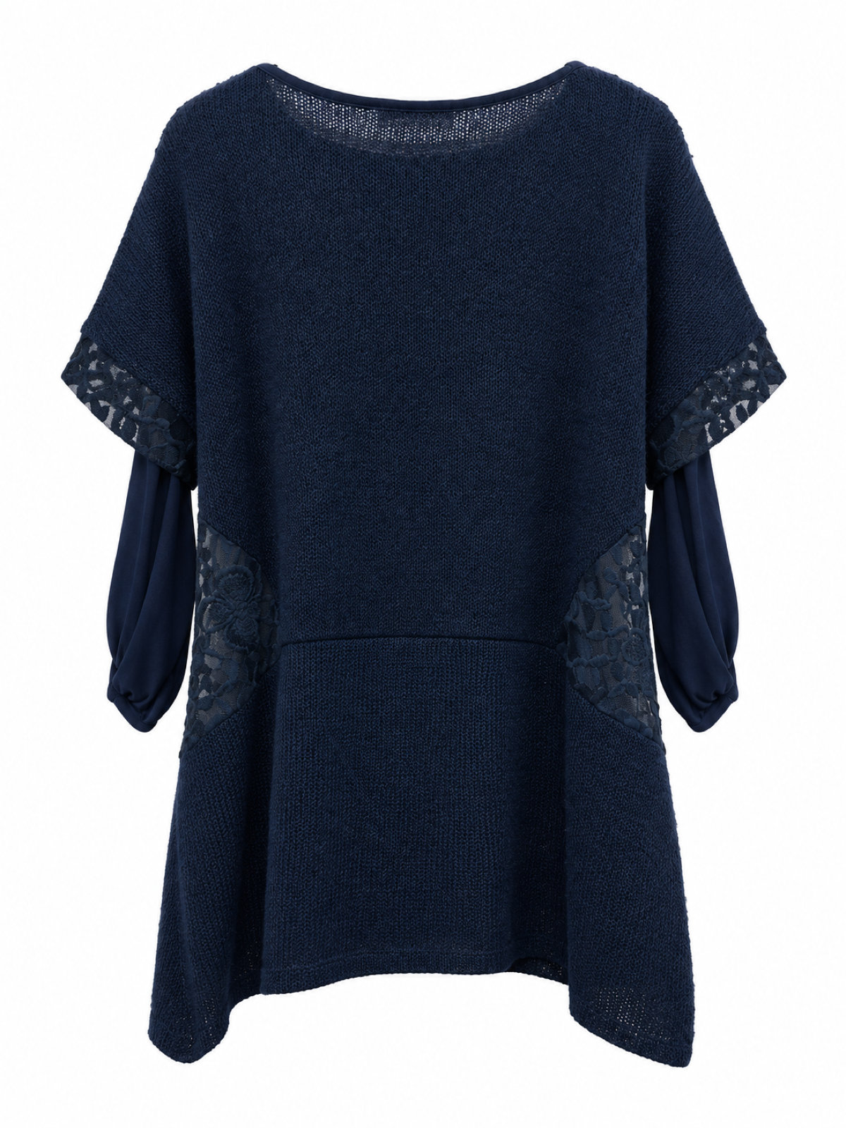 Back of Sugar Crisp navy layered knit tunic with short lace-trimmed outer sleeves, long solid inner sleeves and floral lace side panels.