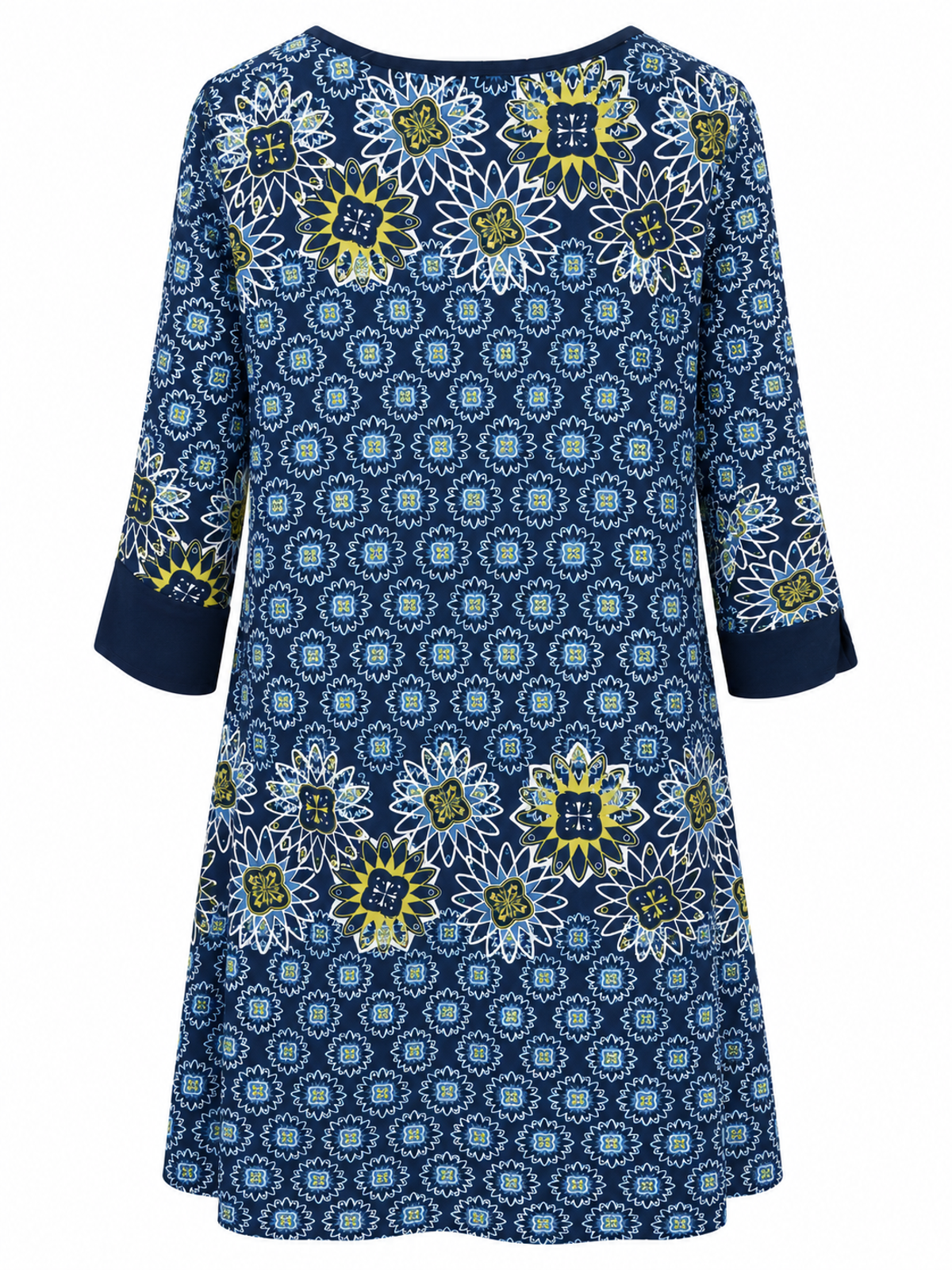 Back of Sugar Crisp SC03013 navy and lime floral print tunic with large floral bands across the shoulders and lower body, and plain navy cuffs.