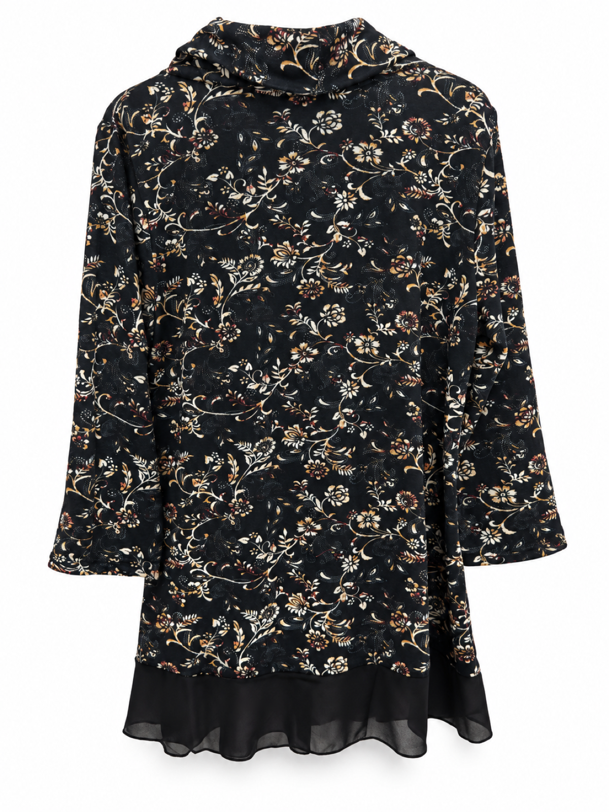 Back of black floral paisley tunic with rolled cowl collar, long sleeves and semi-sheer black hem