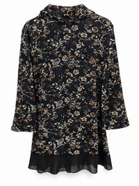 Back of black floral paisley tunic with rolled cowl collar, long sleeves and semi-sheer black hem