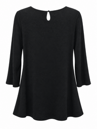 Back of black longline tunic with a button-fastened teardrop keyhole neckline