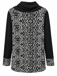 Back of black and white diamond print tunic with black cowl collar, long black sleeves and printed cuffs