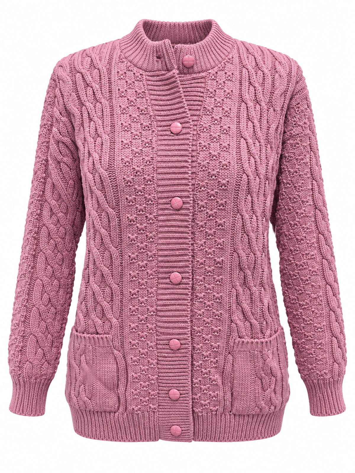 Front view of a dusty pink chunky cable knit cardigan with seven matching buttons, a ribbed neckline and two patch pockets on a white background.