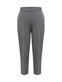 Front of grey plain 2 way stretch trousers with a flat front waistband and gently tapered legs.