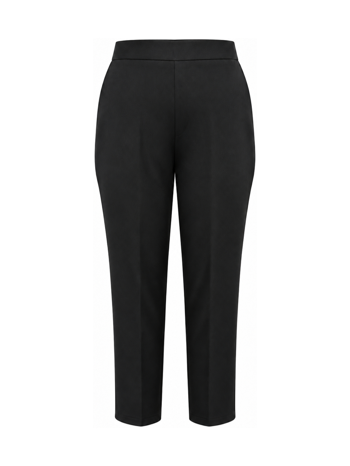 Front of black plain 2 way stretch trousers with a flat front waistband and gently tapered legs.