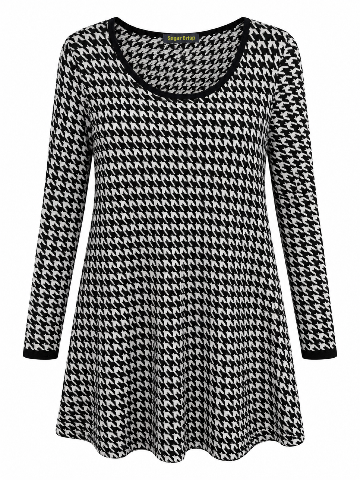 Front of black and white houndstooth-style longline tunic with scoop neckline, long sleeves and black trim