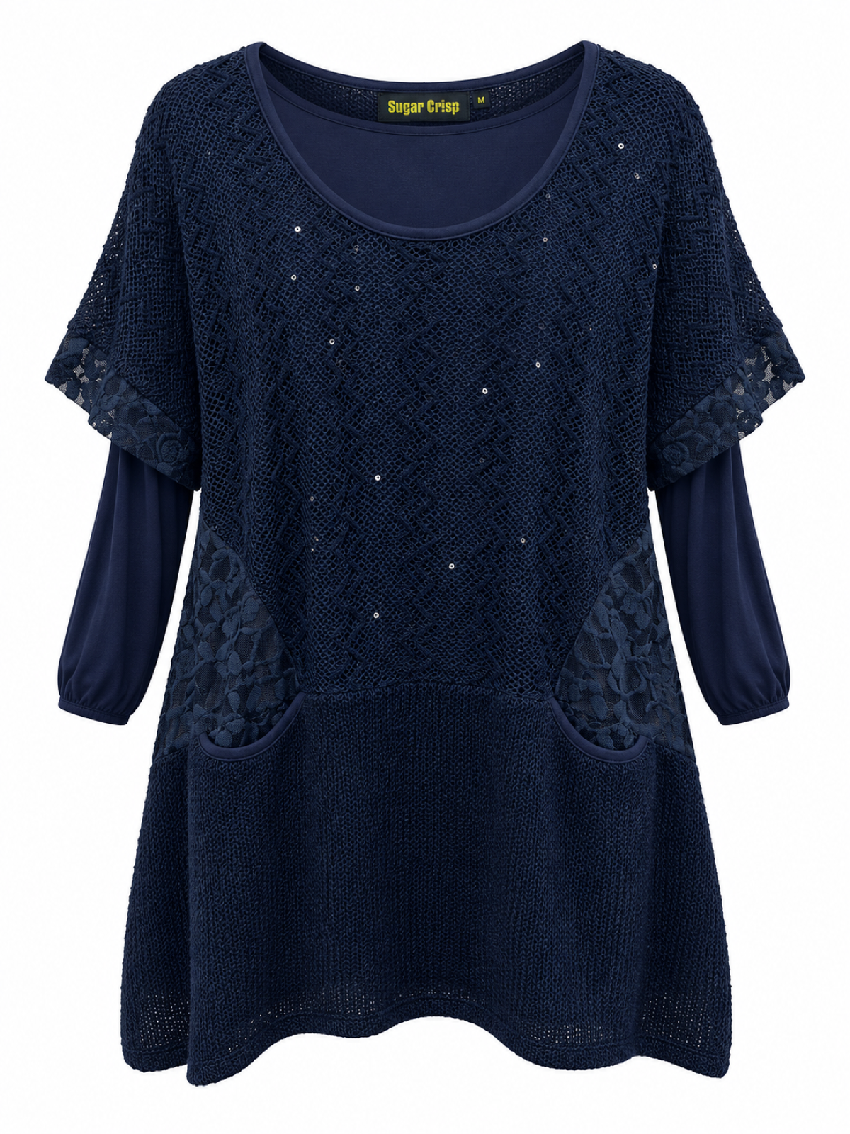 Front of Sugar Crisp navy layered knit tunic with sequin accents, floral lace panels, two pockets and long solid navy inner sleeves.