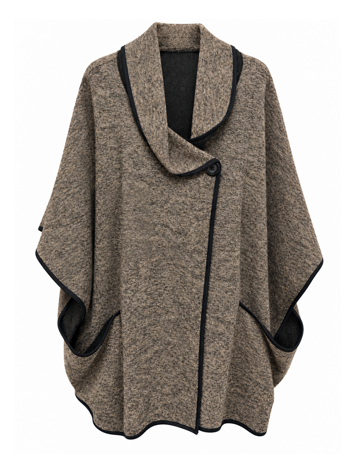 Front of Sugar Crisp SC02370 Beige marled cape with a broad shawl collar, black contrast trim, a single black button and two draped front pockets.