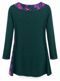 Back of Sugar Crisp plain teal long-sleeve tunic with a floral neckline inset and purple cuff stitching