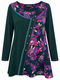 Front of Sugar Crisp teal floral long-sleeve tunic with curved lace trim, five diagonal buttons and an asymmetric hem
