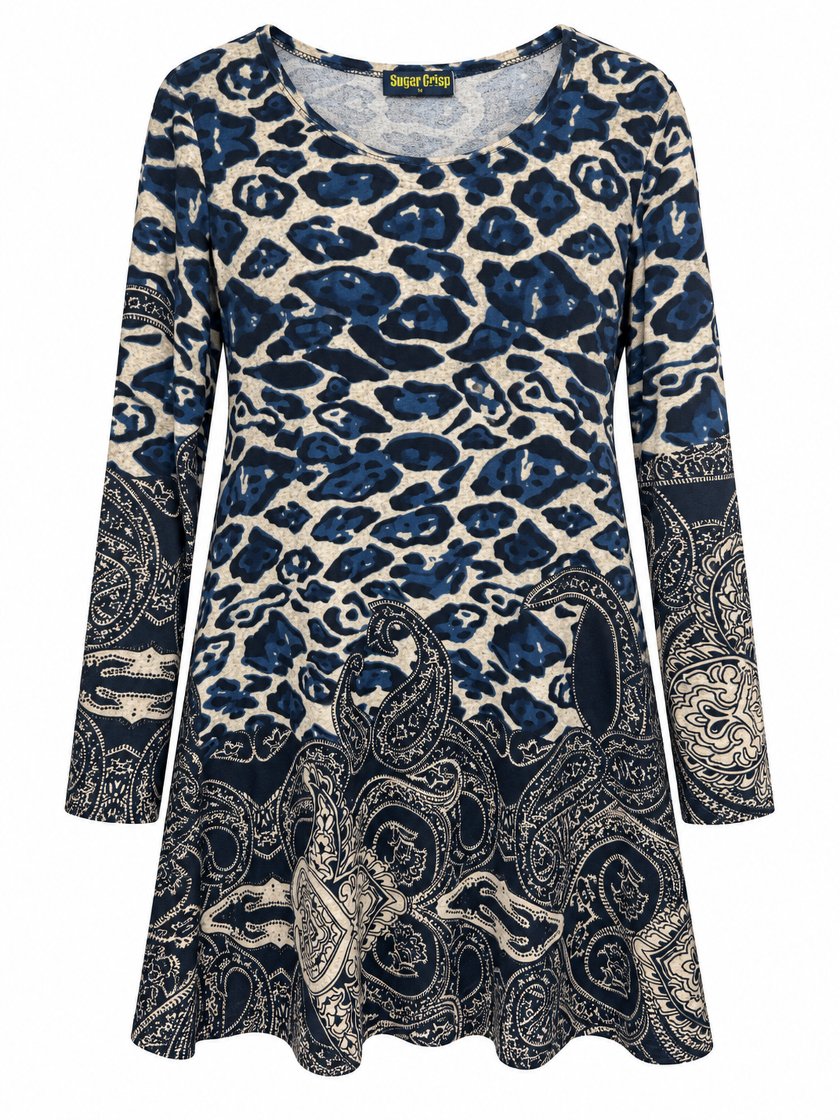 Front of Sugar Crisp SC02750 navy leopard print long sleeve tunic with a scoop neckline and an intricate paisley border across the lower body and sleeves.