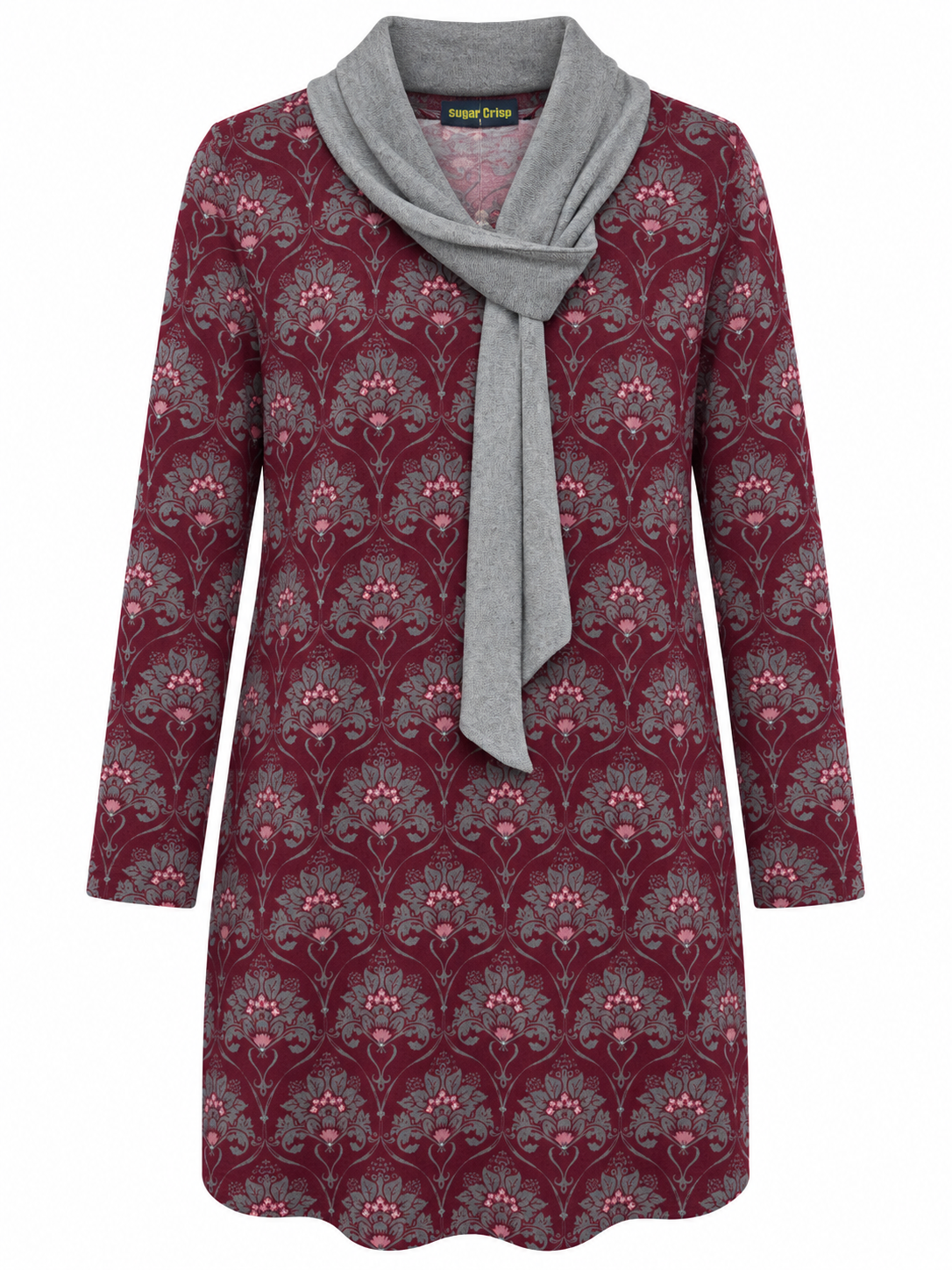 Front of Sugar Crisp wine and charcoal floral long-sleeve tunic with a contrasting grey scarf neckline and overlapping ends