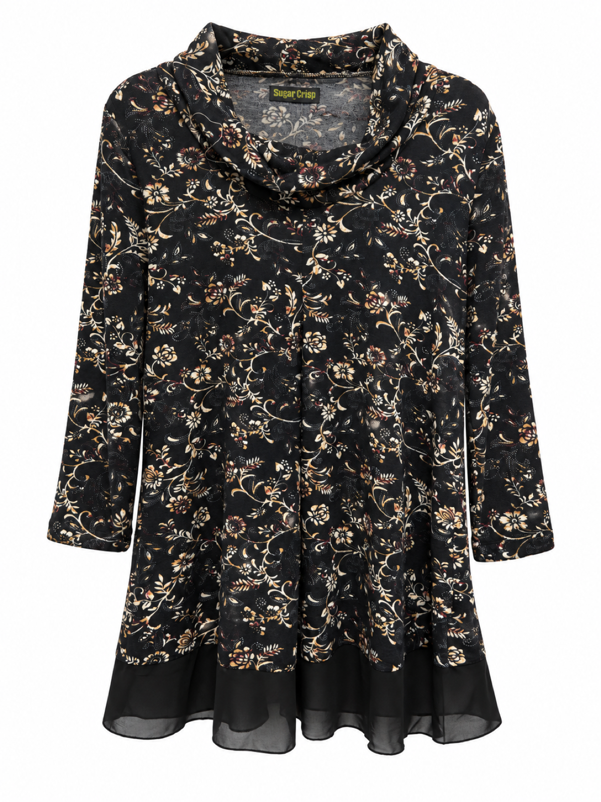 Front of black floral paisley longline tunic with draped cowl neck, long sleeves and a semi-sheer black hem