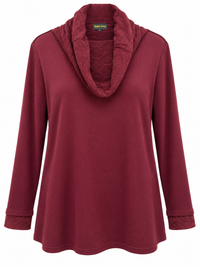 Front of Sugar Crisp SC03152 Wine long-sleeve tunic with a draped cowl neck, textured collar and cuffs, and a curved hem.