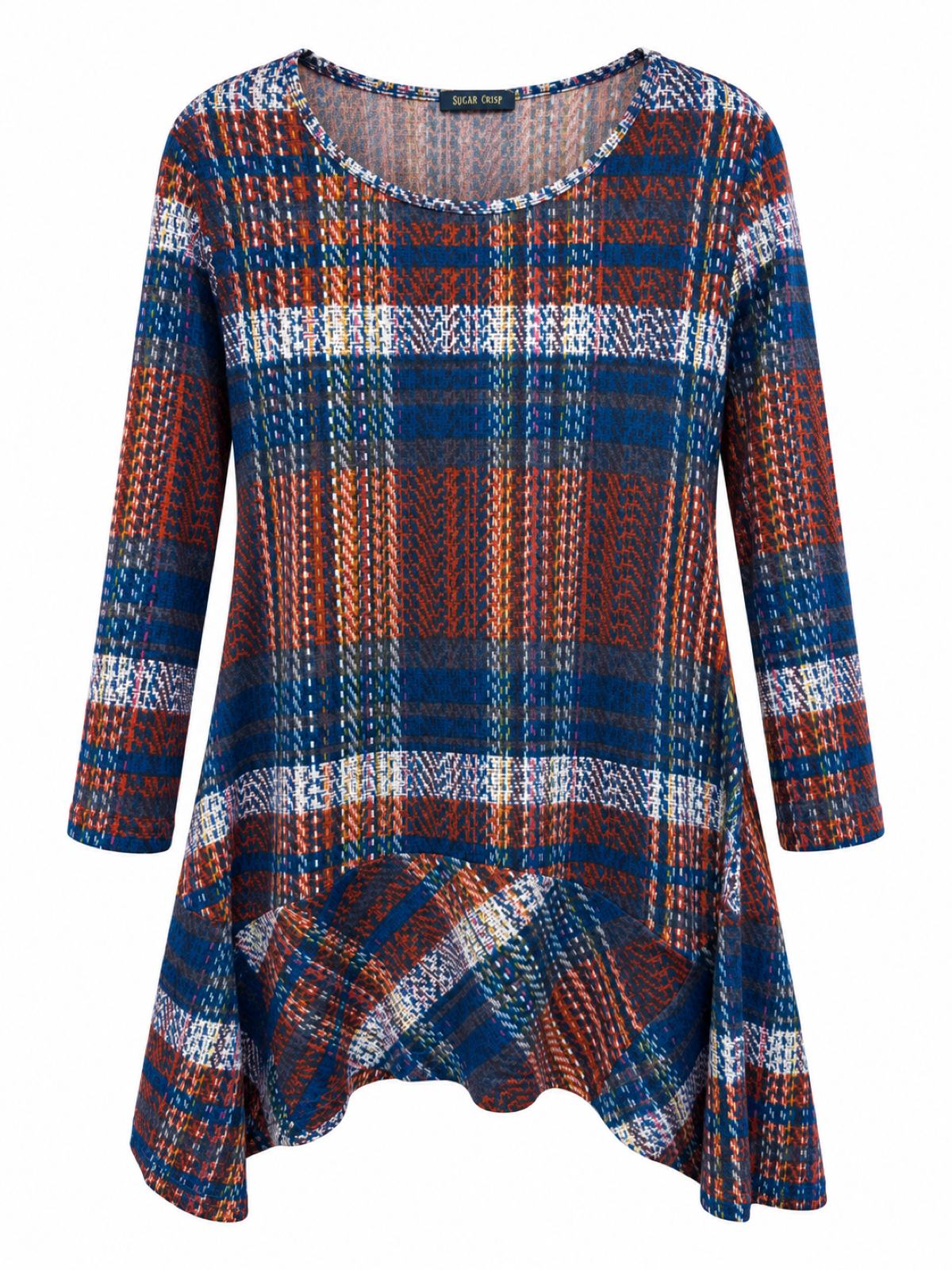 Front of Sugar Crisp Spice check print tunic in rust, navy and cream tones, with a scoop neckline, long sleeves and a draped uneven hem.