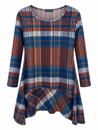 Front of Sugar Crisp Spice check print tunic in rust, navy and cream tones, with a scoop neckline, long sleeves and a draped uneven hem.
