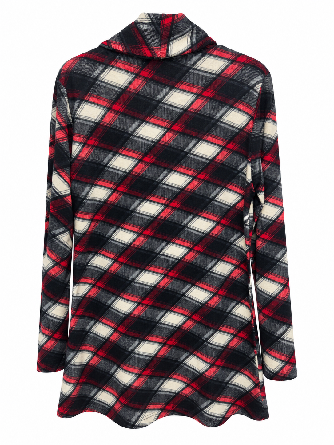 Back of Sugar Crisp red, black and cream diagonal check long-sleeve tunic with a folded cowl neckline