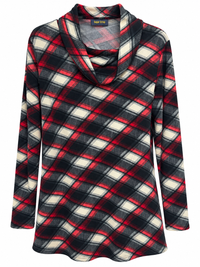 Front of Sugar Crisp red, black and cream diagonal check tunic with a draped cowl neckline and long sleeves