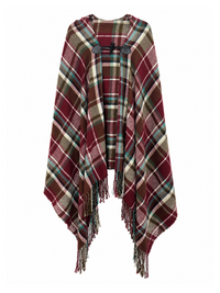 Front of Sugar Crisp SC10186 Wine tartan hooded cape with black toggle fastening, draped sides and twisted fringe.