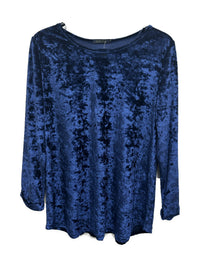 Front view of Sugar Crisp SC14897 Navy crushed velvet long sleeve top with scoop neckline