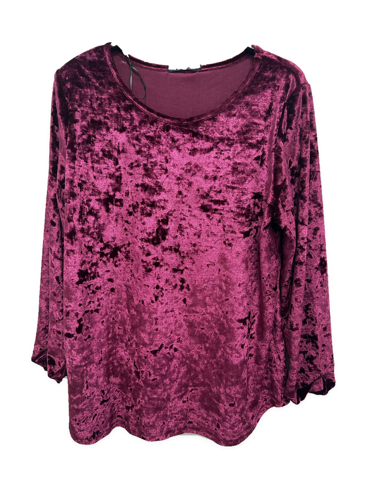 Front view of Sugar Crisp SC14897 Pink crushed velvet long sleeve top with scoop neckline