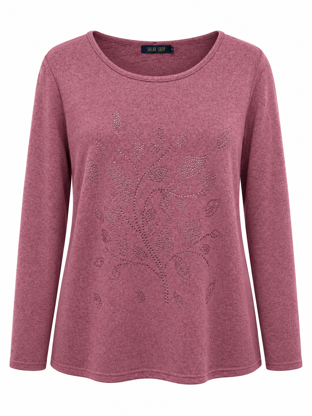 Front view of Sugar Crisp SC15220 dark pink long sleeve top with round neckline and leaf and branch embellishment