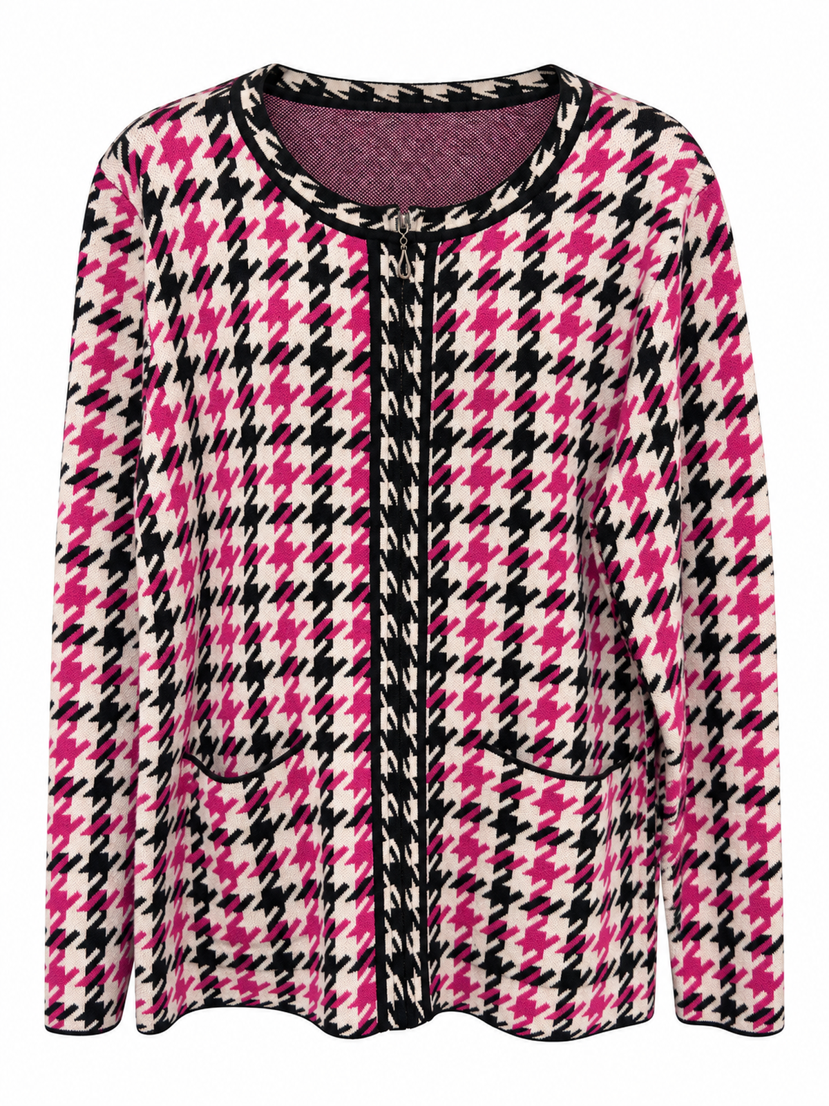Front of Sugar Crisp SC15640 pink, black and ivory houndstooth cardigan with a round neckline, decorative metal fastening, black edging and two curved front pockets.