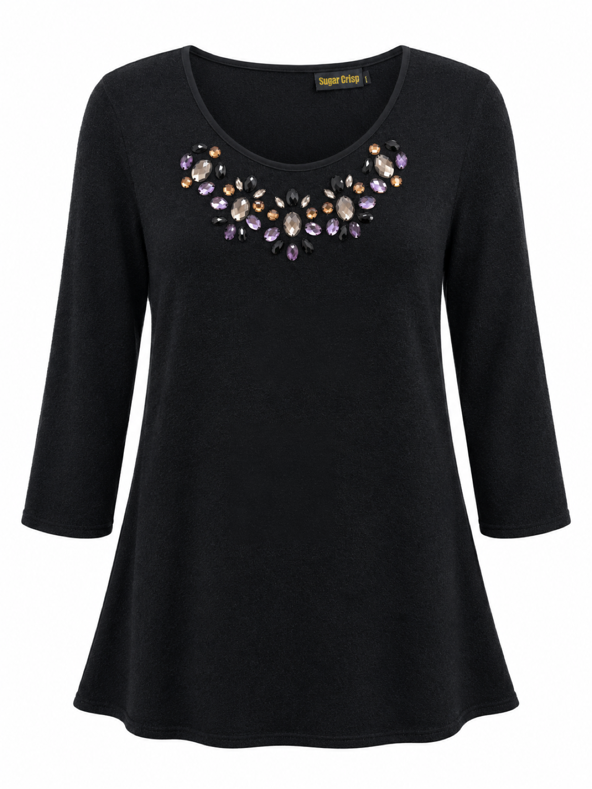 Front of black longline tunic with scoop neckline and colourful faceted jewel embellishment