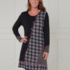 SC02362 Asymmetric Check Panel Knit Dress with Lace Trim