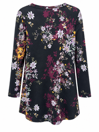 Back view of Sugar Crisp VJLT15876 black floral long sleeve tunic showing burgundy, lilac and mustard botanical print