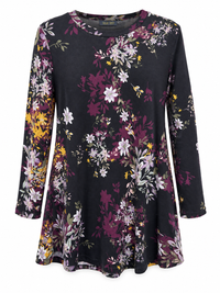 Front view of Sugar Crisp VJLT15876 black floral long sleeve tunic with round neckline on a white background