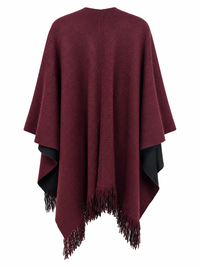 Back view of Sugar Crisp SCLW22845A wine and black reversible fringed knitted wrap