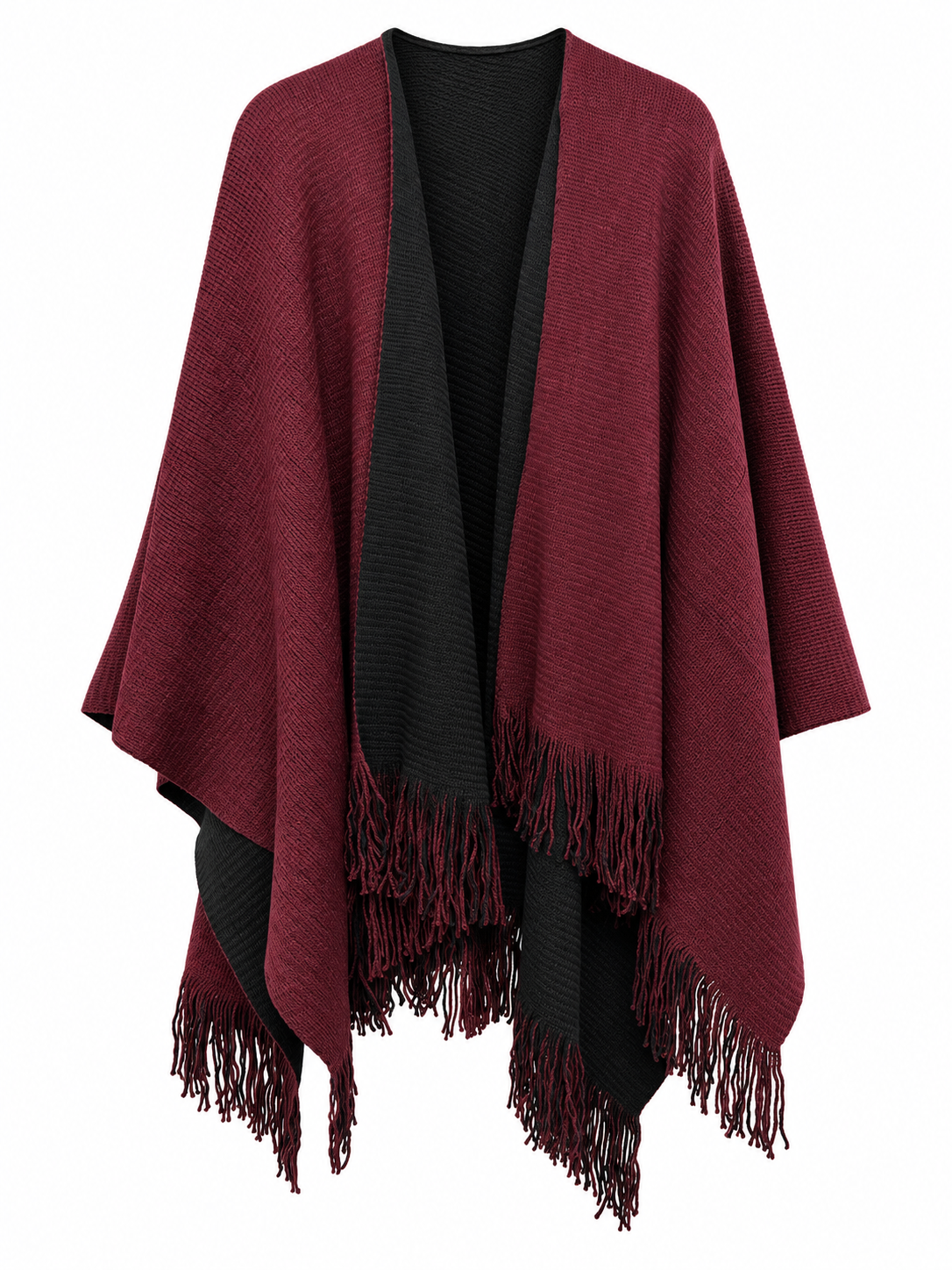 Front view of Sugar Crisp SCLW22845A wine and black reversible knitted wrap with draped open front